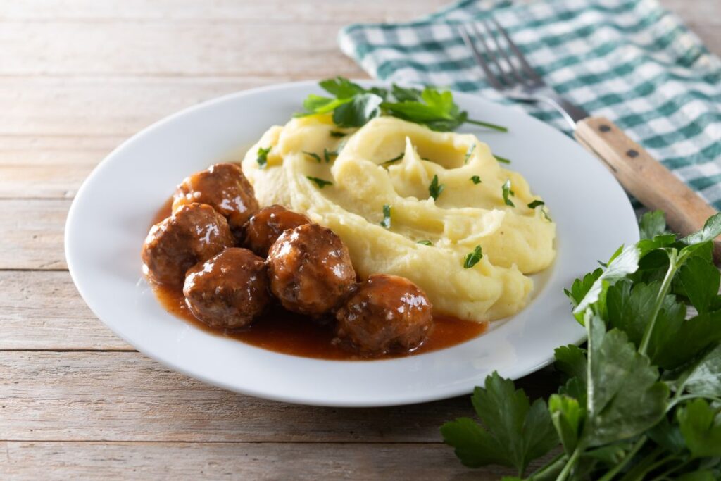 Salisbury Steak Meatballs with Garlic Herb Mashed Potatoes