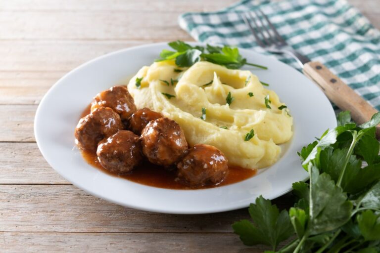 Salisbury Steak Meatballs with Garlic Herb Mashed Potatoes