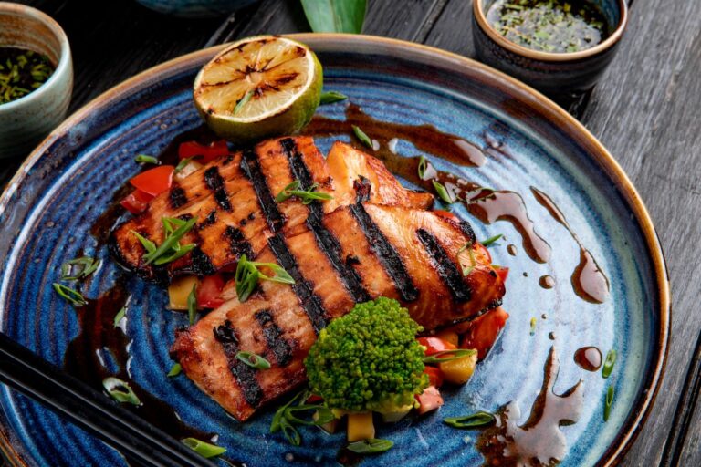 BBQ Salmon with Creamy Blue Cheese Dip