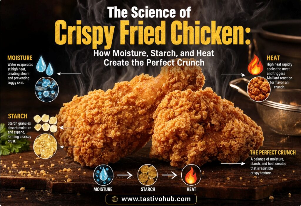 # The Science of Crispy Fried Chicken: How Moisture, Starch, and Heat Create the Perfect Crunch ## Introduction Few kitchen disappointments are as frustrating as biting into fried chicken that looks beautifully golden on the outside, only to discover a soggy coating that separates from the meat. I have spent more than 15 years testing frying techniques in both professional and home kitchens, and I can confidently say that crispy fried chicken is not a matter of luck. It is the result of carefully controlling several scientific processes that happen simultaneously during frying. Many cooks assume that crispiness comes simply from hot oil, but the reality is much more complex. Moisture migration, starch gelatinization, protein coagulation, surface dehydration, and heat transfer all influence the final texture. A small mistake in any one of these areas can transform a promising batch of chicken into a greasy, soft, or unevenly cooked disappointment. Understanding the science behind crispy fried chicken allows you to move beyond recipes and develop true mastery. Once you know why coatings become crunchy, why some batters stay crisp longer than others, and how moisture behaves during frying, you can consistently produce restaurant-quality results. By the end of this guide, you will understand exactly how moisture, starch, and heat interact to create the perfect crunch and how to troubleshoot common problems before they ruin your fried chicken. ## The Underlying Science At its core, frying is a controlled battle between water and heat. Chicken contains a significant amount of water, often exceeding 65 percent of its total weight. When chicken enters hot oil, temperatures around the surface rapidly exceed the boiling point of water. This causes moisture near the exterior to convert into steam. That steam plays an important role. During the early stages of frying, escaping steam actually helps prevent oil from penetrating deeply into the coating. As long as moisture is actively escaping, it creates outward pressure that pushes oil away. Once moisture loss slows down, oil absorption can increase significantly. Starch is the second major factor behind crispiness. Flour contains starch granules that absorb moisture and swell when heated. This process, known as gelatinization, creates structure within the coating. Cornstarch and potato starch are particularly effective because they contain lower protein levels than wheat flour and create a lighter, more brittle crust. This brittleness is what our brains perceive as crunch. Proteins also contribute to texture development. Proteins in flour, buttermilk, and the chicken itself undergo coagulation, meaning they unfold and form stronger networks as temperatures rise. These networks reinforce the crust and help it adhere to the meat. Heat transfer is equally important. Oil acts as an extremely efficient medium for transferring thermal energy. Unlike air in an oven, oil surrounds the entire surface of the chicken, delivering consistent heat. This accelerates moisture evaporation and promotes the Maillard reaction, a series of chemical reactions between amino acids and sugars that create the deep golden-brown color and rich fried flavor. The ideal fried chicken crust contains thousands of microscopic air pockets formed as water escapes during frying. These tiny voids create a rigid structure that fractures easily when bitten, producing the signature crunch associated with exceptional fried chicken. ## Step-by-Step Technique Guide Achieving maximum crispiness begins long before the chicken reaches the fryer. I always start by thoroughly drying the chicken after brining or marinating. Excess surface moisture can dilute the coating and interfere with crust formation. Patting the chicken dry with paper towels creates a more stable foundation for breading. For the coating, I prefer combining all-purpose flour with cornstarch. A ratio of roughly three parts flour to one part cornstarch provides an excellent balance between adhesion and crispness. The flour contributes structure while the cornstarch enhances brittleness and crunch. Seasonings should be mixed directly into the dry coating to ensure even flavor distribution. The next stage involves creating a rough, textured surface. Rather than pressing the coating flat, I gently squeeze portions of the flour mixture onto the chicken. These irregular clumps create additional surface area. More surface area means more moisture evaporation and more crunchy ridges after frying. Oil temperature management is where many cooks struggle. I maintain frying temperatures between 325°F and 350°F (163°C to 177°C). Temperatures below this range allow excessive oil absorption before the crust sets. Temperatures above this range can burn the coating before the interior cooks properly. Batch size matters just as much as temperature. Overcrowding causes dramatic temperature drops because cold chicken absorbs heat from the oil. I fry in smaller batches, allowing oil temperatures to recover quickly between additions. After frying, I place chicken on a wire rack rather than paper towels. While paper towels absorb surface oil, they also trap steam beneath the chicken. That trapped steam softens the crust within minutes. A wire rack allows air circulation around the entire piece, preserving crispness. For exceptionally thick pieces, a double-fry method can produce remarkable results. The first fry cooks the chicken and develops the crust structure. After a short resting period, a second fry at a slightly higher temperature removes additional moisture and intensifies crunch. Many professional kitchens rely on this technique because moisture reduction is one of the most effective ways to improve crispiness. ## Comprehensive Troubleshooting Section One of the most common problems is a coating that falls off during frying. This usually occurs when the chicken surface is too wet or when the breading is not given enough time to adhere. Allowing breaded chicken to rest for 15 to 30 minutes before frying helps the coating hydrate and bond to the surface. Greasy fried chicken often indicates insufficient frying temperature. When oil is too cool, moisture escapes slowly and the crust takes longer to set. During this extended cooking period, oil can penetrate the coating more easily. If the chicken appears oily immediately after frying, increasing oil temperature slightly often solves the problem. A crust that turns soft after several minutes typically results from residual moisture. Even after frying, moisture from the interior continues migrating outward. If too much moisture remains inside the crust, crispness gradually disappears. Using a wire rack, avoiding covered containers, and employing a double-fry method can dramatically reduce this issue. Uneven browning frequently points to inconsistent oil temperature or overcrowding. Pieces placed too close together create localized cooling zones. Rotating pieces gently during frying and maintaining adequate spacing promotes more uniform color development. If the exterior becomes dark before the interior reaches a safe temperature, the oil is likely too hot. Lowering the temperature by 15 to 25 degrees Fahrenheit usually restores balance between crust formation and internal cooking. A reliable thermometer is one of the most valuable tools for diagnosing this problem. When the crust lacks crunch despite appearing golden, the coating may contain too much moisture-retaining flour and not enough starch. Increasing the percentage of cornstarch or potato starch often creates a noticeably crisper texture. ## Frequently Asked Questions ### Why does cornstarch make fried chicken crispier than flour alone? Cornstarch contains virtually no gluten-forming proteins. Gluten creates chewiness and elasticity, which are desirable in bread but not necessarily in fried coatings. Cornstarch produces a more fragile structure that shatters easily when bitten, creating a stronger perception of crispiness. ### Should I use buttermilk for the crispiest fried chicken? Buttermilk contributes flavor and helps coatings adhere, but its primary benefit is not crispiness. The mild acidity slightly affects proteins on the chicken surface, improving tenderness. Crispiness depends more heavily on moisture control, starch selection, and proper frying temperature. ### Why does restaurant fried chicken stay crispy longer? Many restaurants use specialized starch blends, controlled frying equipment, and holding racks designed to maximize airflow. Some also use double-frying techniques that remove additional moisture. Reduced moisture content generally translates into longer-lasting crispness. ### Is it better to fry chicken at a higher temperature for a shorter time? Not necessarily. Extremely high temperatures can brown the crust before the interior cooks safely. The best results come from maintaining a moderate, stable temperature that allows moisture to escape efficiently while cooking the meat thoroughly. Consistency is far more important than extreme heat. ### Can I make fried chicken crispy again after it becomes soggy? Yes. Reheating on a wire rack in a hot oven is usually effective because it drives off excess moisture from the crust. Microwaves should be avoided because they generate steam that softens the coating even further. A brief return to hot, circulating dry heat is the most reliable way to restore texture.